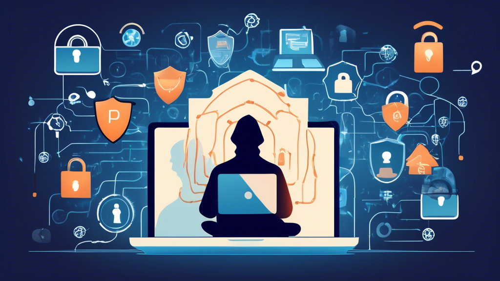 Create an image illustrating various methods of online privacy protection, including a person using a laptop with a strong password, enabling two-factor authentication on their smartphone, securing their data with encryption, and managing privacy settings on social media. The background should show a digital network with secure connections represented by padlocks and shields, emphasizing the importance of cybersecurity.