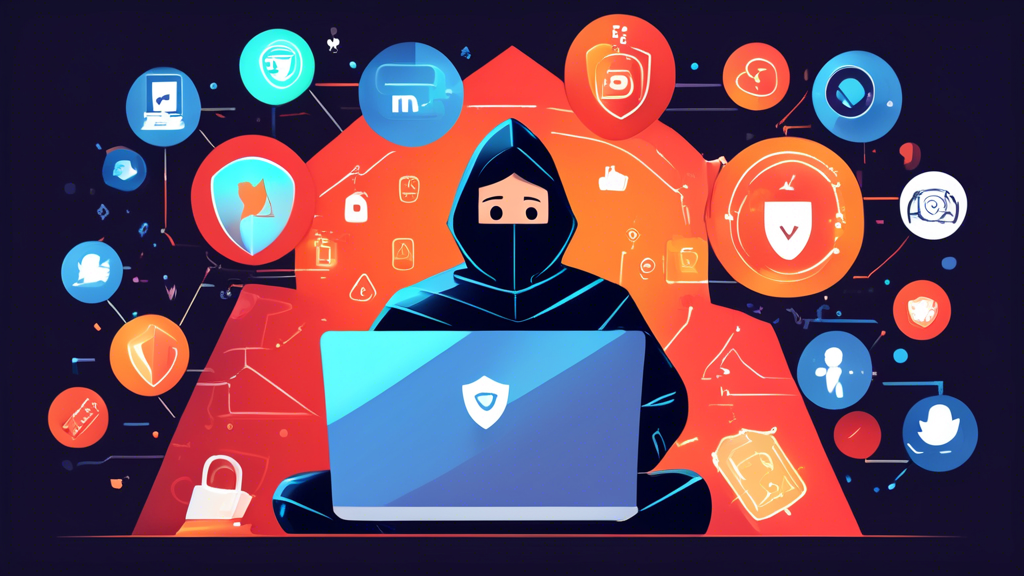 Illustrate a person sitting at a computer surrounded by icons representing various online activities, such as social media, shopping, emails, and messaging apps. The person is wearing a shield-like armor with padlocks as part of the design, symbolizing strong security. In the background, digital elements like firewalls, VPN symbols, and antivirus shields are protecting the person from shadowy figures representing hackers and data thieves. The overall scene should convey a sense of robust security and vigilance in the digital world.