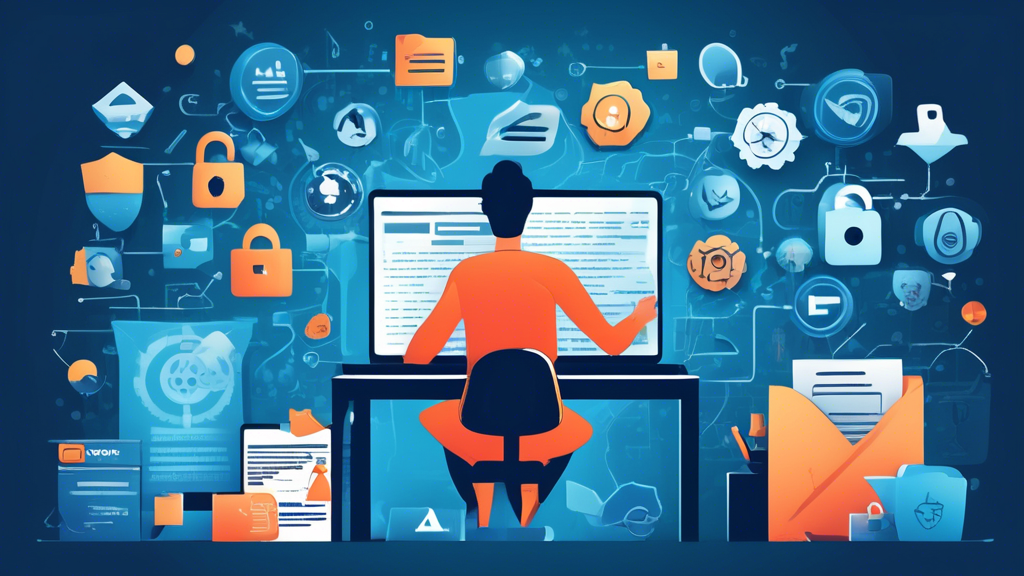 Create a detailed illustration showing a person using a laptop to draft a privacy policy for their website, surrounded by icons symbolizing privacy and security such as locks, shields, and document checkmarks. Include a free digital tool or software interface on the screen to emphasize 'free' creation, and a cozy office setting in the background.