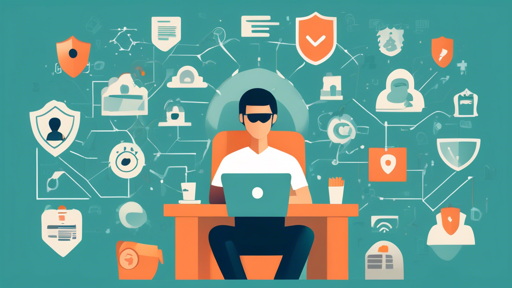 Create an image of a person using a laptop at a cozy home office surrounded by symbols of online privacy protection, such as shield icons, lock icons, and encrypted data graphics. The background features a calm, reassuring color scheme with abstract representations of internet security, like secure connections and anonymity.