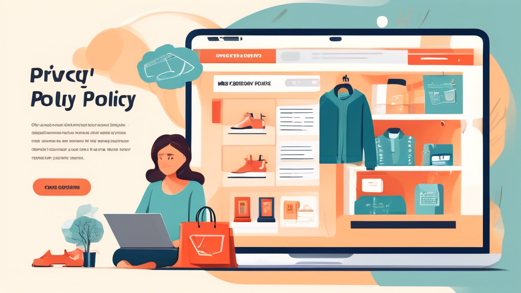 Create an image of a cozy, modern online store with a laptop displaying a detailed privacy policy document on the screen. The background should include shopping items like clothes, accessories, and packages. The overall theme should convey trust, security, and transparency.