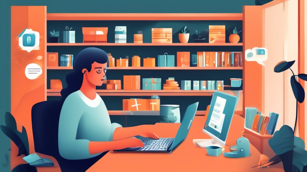 Create an image of a friendly online store owner sitting at a desk with a laptop, drafting a privacy policy. The background shows shelves with various products and packages ready for shipping. Include some icons representing the aspects of a privacy policy like a lock, document, and customer data symbols, blending into the scene. The overall atmosphere should be professional yet approachable, highlighting the importance of customer data protection.