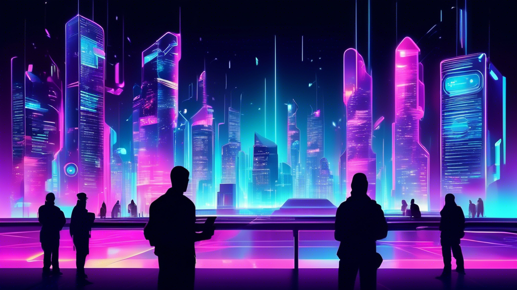 A futuristic cityscape at night, illuminated by neon lights, with holographic security shields protecting buildings. People in the scene use various digital devices, while a huge lock symbol made of light hovers in the sky, embodying the concept of privacy and security in the modern digital age.