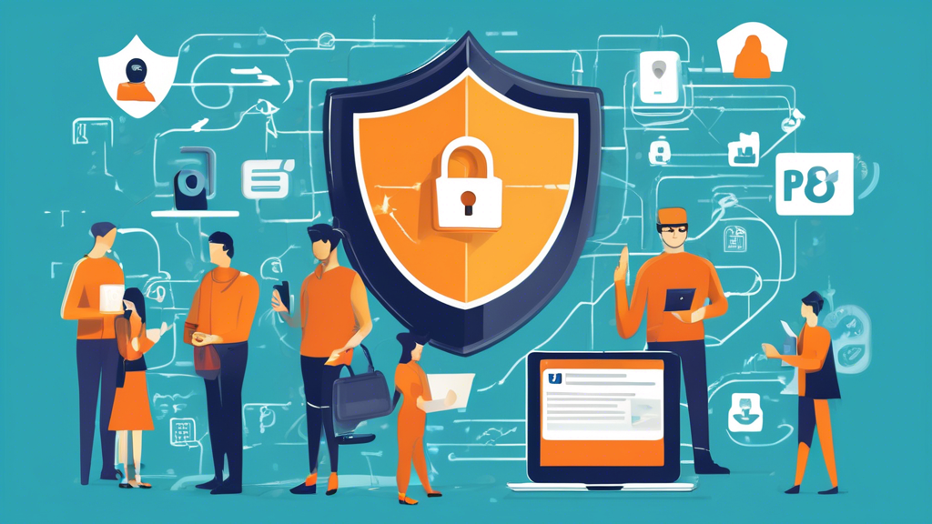 Create a detailed digital illustration showcasing essential strategies for protecting digital privacy. The image should feature various elements such as people using strong passwords, enabling two-factor authentication on devices, securing routers, using VPNs, updating software with cybersecurity shields, and managing privacy settings on social media platforms. The background should subtly incorporate a padlock motif, symbolizing security, and digital icons representing various online services. The overall mood should be informative yet approachable.