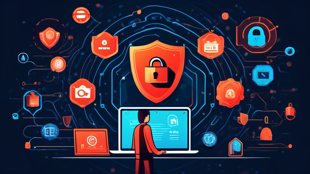 Create an image that represents Essential Strategies for Online Privacy Protection. The scene should include a digital lock symbolizing security, a person using a laptop with various protective icons like firewalls, VPNs, and antivirus software surrounding them. Additionally, include visuals of encrypted communication and a shield to represent data protection. The backdrop should have a subtle, binary code pattern to emphasize the digital context.