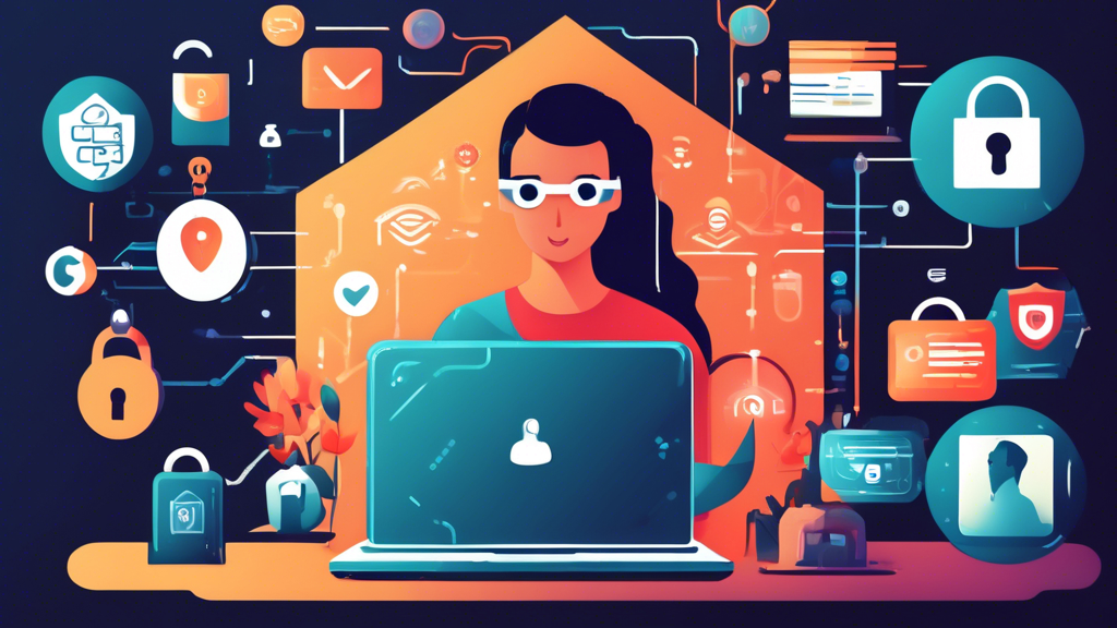 A digital illustration depicting a person using a laptop in a secure home environment. Surround the scene with various icons representing online privacy and security: a padlock for secure passwords, a shield for antivirus protection, a VPN symbol, an eye with a line through it for privacy, an email with a lock, a fingerprint for biometric security, and a two-factor authentication app. The background should subtly include a world map to signify global connectivity and potential risks.