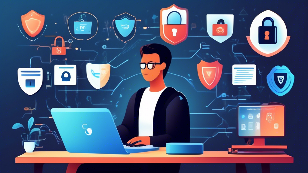 Create an image of a person sitting at a desk with a laptop, surrounded by symbols of online privacy protection like a padlock, shield, and digital fingerprints. The laptop screen shows a checklist with items such as Strong Passwords, Two-Factor Authentication, Secure Wi-Fi, and Privacy Settings. The overall style should be modern and sleek, emphasizing the importance of cybersecurity.