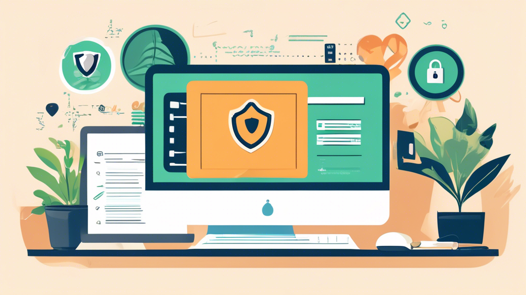 Create an illustration of a website privacy policy generator on a computer screen, surrounded by symbols of security such as lock icons, shield emblems, and checkmarks. The setting is a modern office desk with a coffee cup, notebooks, and a plant, emphasizing ease and professionalism.