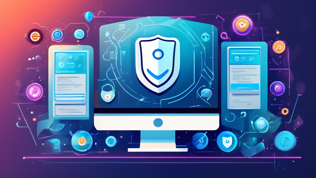 Illustrate a futuristic, sleek web browser interface on a computer screen, showing features like incognito mode, VPN settings, and encrypted data symbols. The background should include icons representing privacy (such as shields, locks, and keyholes) surrounded by abstract digital elements, highlighting the concept of advanced online privacy and security.