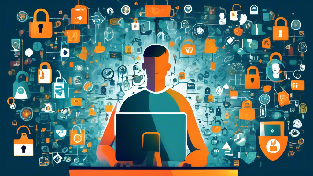 Create a detailed illustration of a person at a computer, surrounded by symbols of privacy (locked padlock, shield, etc.) and digital security, as Abine DeleteMe service icons systematically remove personal information from data broker websites in the background. The setting should convey a sense of security and privacy protection.