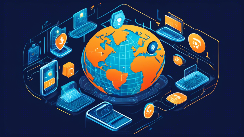 Illustration of a digital fortress on a computer screen surrounded by various cutting-edge privacy tools: VPN icon, encrypted chat app symbol, antivirus shield, multifactor authentication, and a locked padlock, with a backdrop of binary code and a globe representing global online security.