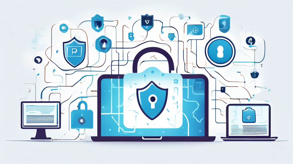 Create a visually appealing image that signifies the importance of having a privacy policy online. The image should include symbols such as a digital lock, a document labeled Privacy Policy, a shield, and an interconnected network of devices such as computers, smartphones, and tablets. The background should have subtle elements representing data, like binary code or digital lines. The overall tone should be professional and reassuring, signifying security and trust.