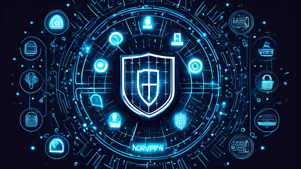 An illustration of a shield made of digital binary code, surrounded by logos of top internet privacy companies like NordVPN, ExpressVPN, and ProtonMail, depicted as futuristic guardians protecting users' online data represented by a glowing globe. The background is a dynamic digital circuit board with padlocks and keys.