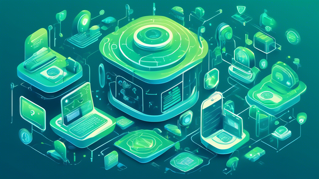 Create an image that depicts a futuristic digital landscape with various icons representing internet privacy services, such as VPNs, encrypted email, secure browsers, and password managers. The scene should include elements like locked digital vaults, shields, and padlocks to convey security. Use a color scheme that emphasizes trust and safety, like blues and greens.