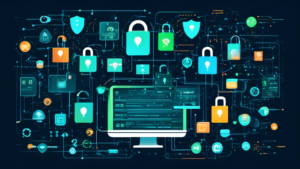 Create an image featuring various online privacy protection services, represented by secure digital shields and padlocks surrounding a computer screen. The background should display a matrix of encrypted codes, emphasizing cybersecurity. Include small icons of VPNs, password managers, and antivirus software to illustrate the variety of services.