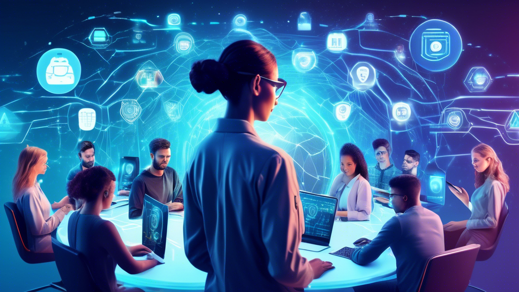 Create an image depicting a futuristic, digital scene where individuals are actively safeguarding their internet privacy. Include diverse people using various devices equipped with advanced security features, like biometric scanners, encrypted messaging apps, VPN shields, and secure clouds. The background should showcase holographic symbols representing cybersecurity, firewalls, and data protection. Emphasize a harmonious blend of technology and personal security measures, conveying a sense of empowerment and safety.