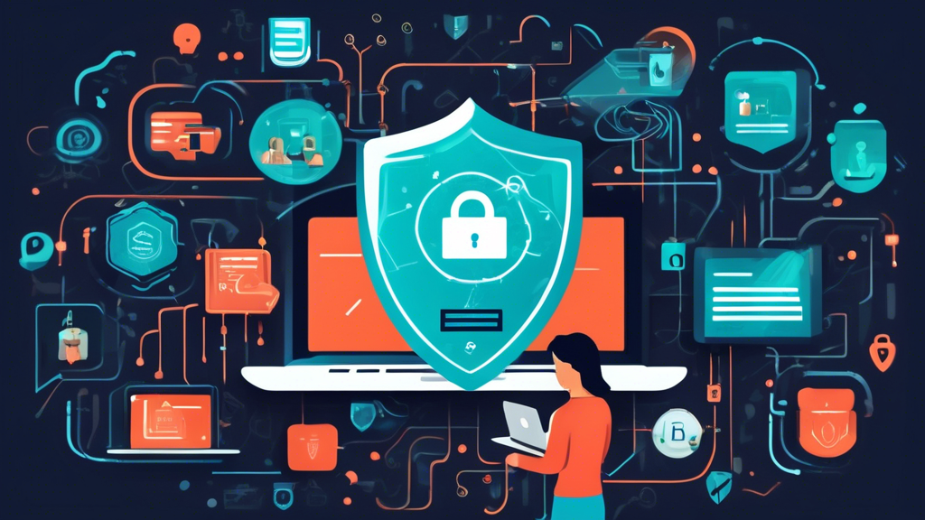 Create an image that highlights the top strategies to protect personal information online. The visual should include elements like a shield with a padlock, a person using a strong password on a laptop, a two-factor authentication prompt on a mobile device, secured Wi-Fi and VPN symbols, and an icon representing encrypted files. The background should represent a digital environment, with subtle circuit board patterns and code to convey cybersecurity themes.