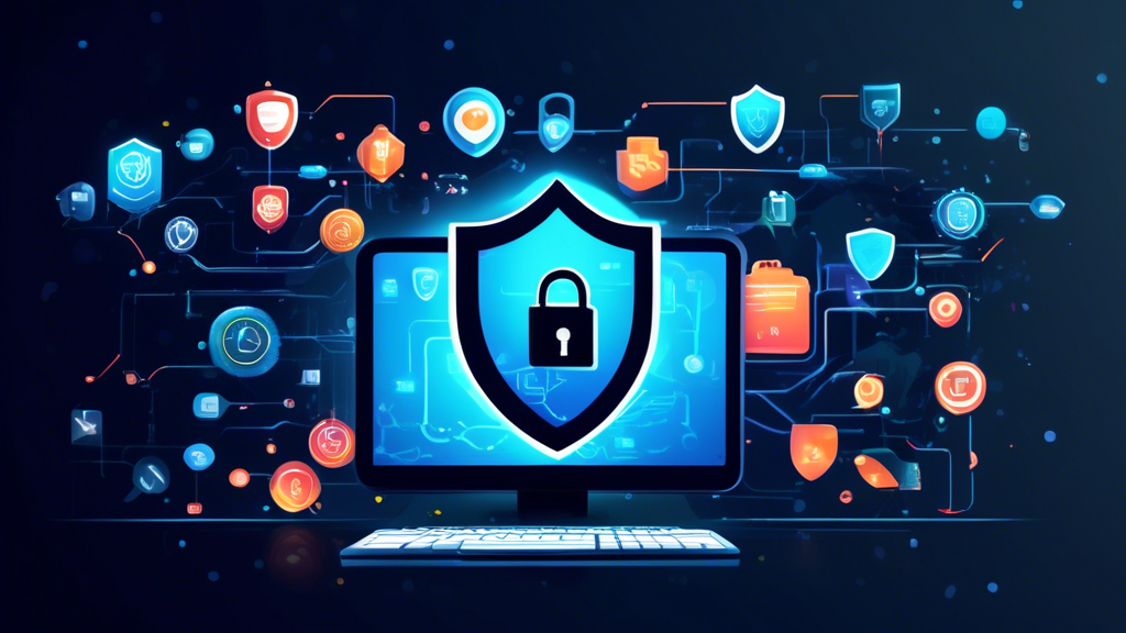 Create an image depicting a digital shield with a lock protecting a user's online activities. The computer screen shows various elements like browsers, email, and banking icons. The background should blend cyber elements such as binary code to signify encryption, and VPN connection nodes across a global map. The overall style should be modern and sleek, illustrating the concept of choosing the best VPN for online privacy.