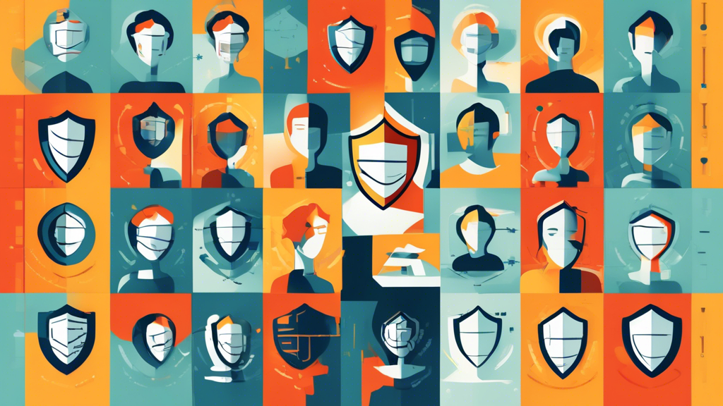 Create an illustration showing a person surrounded by digital shields. Each shield represents different online privacy strategies such as strong passwords, two-factor authentication, VPN use, secure browsing, encrypted messaging, and cautious social media sharing. The background should have a pattern of binary code to emphasize the digital context.