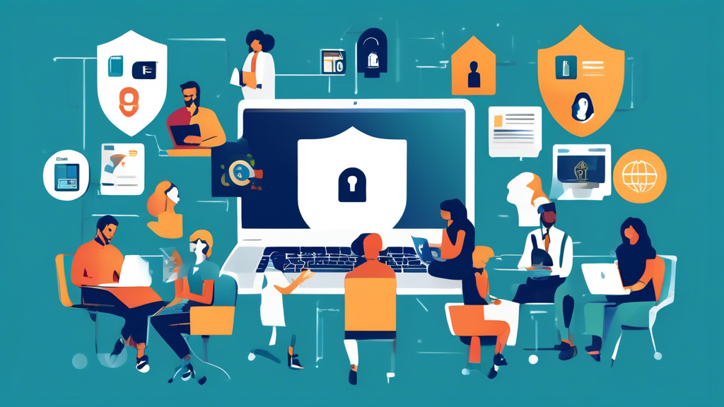 Create a visually engaging illustration showing a diverse group of people using Coursera on their laptops and smartphones, with strong symbols of data privacy such as lock icons, secure shield emblems, and encrypted data graphics surrounding them. Use a modern, educational setting with a friendly and trustworthy atmosphere.