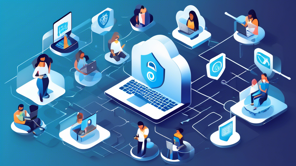 Create an image depicting a diverse group of people using various devices (laptops, smartphones, tablets) with a digital shield symbol hovering above them, representing online data privacy. Surround them with icons like padlocks, fingerprint scanners, secure cloud storage, and encryption keys, emphasizing the importance of protecting personal information. The background features a subtle network grid to symbolize connectivity, with a serene, trustworthy color palette in blues and greens.