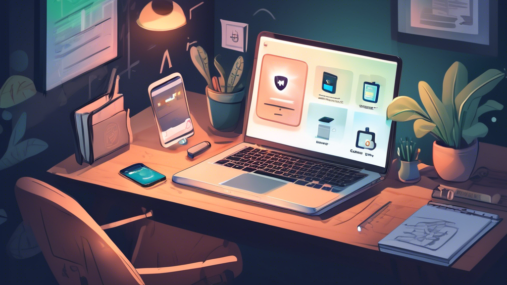 Create an illustration of a desk featuring various internet privacy tools such as a laptop displaying a VPN app, a smartphone showing a secure messaging app, a padlock symbol over a WiFi router, a USB key with encryption software, and a notepad with passwords protected by a password manager. Include a background of a cozy home office with soft lighting to give a sense of security and comfort.