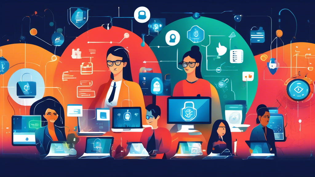 Create a detailed and vibrant illustration that showcases essential strategies for data protection online. The image should feature a diverse group of people using various devices like laptops, smartphones, and tablets. Surround them with icons representing different cybersecurity measures such as strong passwords, two-factor authentication, VPNs, antivirus software, secure cloud storage, and firewalls. Include visual elements like padlocks, shields, and encrypted data symbols to emphasize protection. The background should have a futuristic, tech-savvy atmosphere with glowing data streams and a digital network grid.