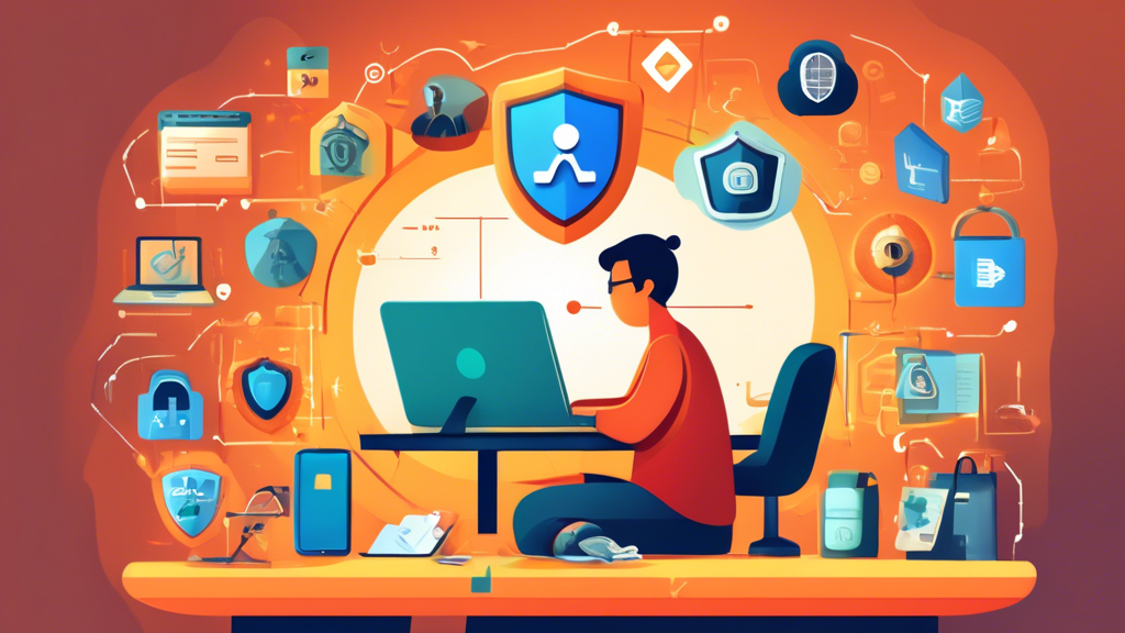 Create an image of a person sitting at a desk using a laptop, surrounded by icons representing various internet privacy and security tools such as a padlock, shield, VPN, two-factor authentication, and encryption symbols. The background should feature a cozy home office setting with a window showing a sunny day outside, emphasizing the feeling of safety and security.