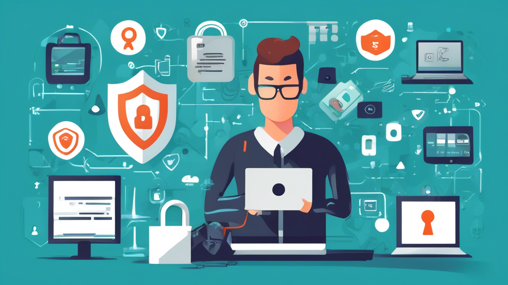 Create an image that depicts a person using a computer and smartphone with various security measures such as strong passwords, VPN, two-factor authentication, and encrypted messaging displayed around them. The setting should represent a modern home or office environment with a focus on keeping personal information private and secure. Include visual elements like security icons, a shield, and a padlock to symbolize online privacy protection.