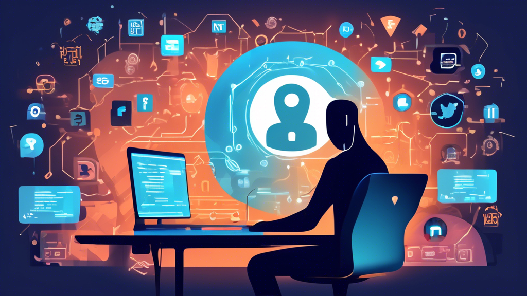 Create an image of a person sitting at a desk with a computer, surrounded by strong digital security elements such as locks, shields, and encrypted codes. The background features subtle icons of social media, emails, and websites, all protected by security barriers. The overall mood should convey a sense of safety and vigilance, highlighting the importance of keeping personal data secure online.