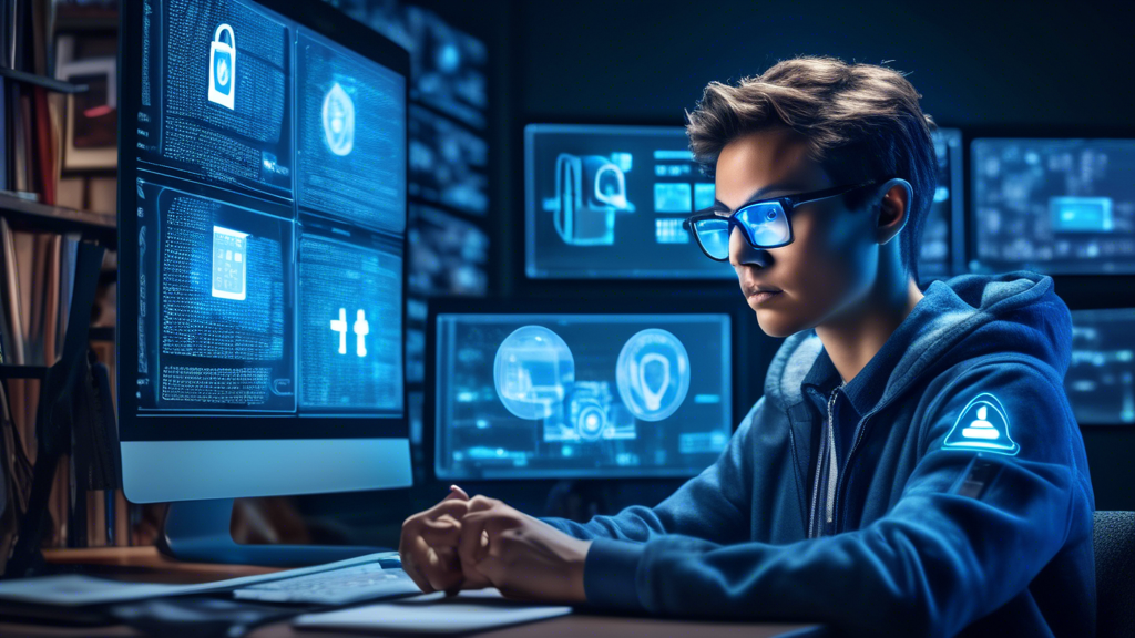 Create a highly-detailed image of a person sitting at a desk, surrounded by multiple digital screens displaying various security measures such as firewall icons, encrypted messages, antivirus software, and multi-factor authentication interfaces. The person is wearing blue-light glasses and appears focused and cautious. In the background, a home study setting is depicted, with books on cybersecurity and posters emphasizing online safety and data protection. The atmosphere of the image should convey diligence and awareness regarding safeguarding personal information online.