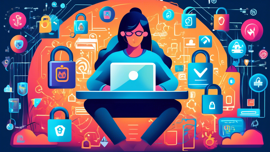 Create a vibrant, detailed illustration depicting a person sitting at a computer with multiple layers of security symbols surrounding them, such as padlocks, shields, and encrypted codes. The background features icons representing various online activities (shopping, social media, emails) but with a transparent, protective barrier highlighting safe internet practices. The overall theme should convey a sense of security and vigilance in protecting data privacy online.