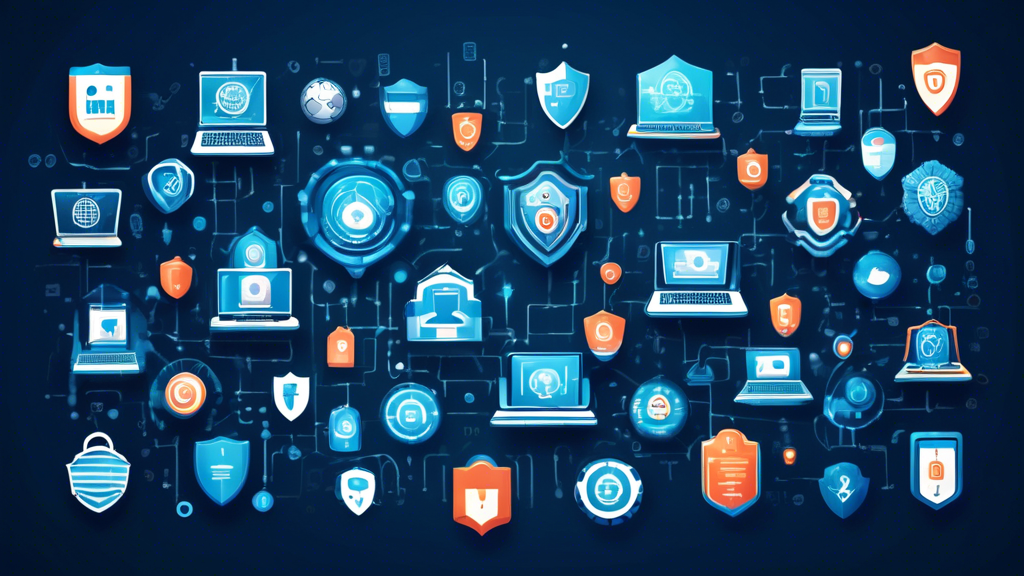 Create an image that visually represents top online privacy companies protecting users' digital footprints. Illustrate a diverse array of advanced security icons and elements (like shield, lock, fingerprint, and key) encircling a globe made of binary code. Include elements such as laptops, smartphones, and tablets with secure connection symbols, all showing a protective barrier. The overall tone should emphasize safety, security, and trust in the digital world.