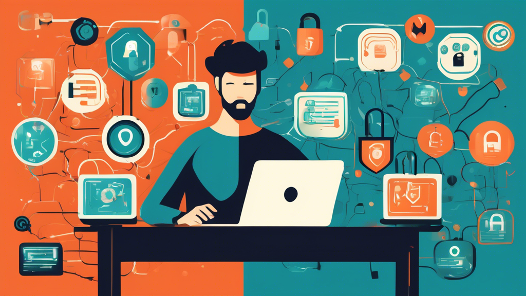 Create an illustration of a person using a laptop in a secure environment, surrounded by digital shields, padlocks, and privacy icons. The backdrop should feature abstract representations of the internet, such as wires and nodes, with the overall theme emphasizing online privacy and protection strategies.