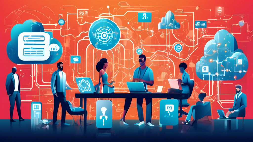 A detailed digital illustration featuring a diverse group of people using various devices while surrounded by icons representing online security strategies, such as strong passwords, VPNs, two-factor authentication, encryption, and secure cloud storage. The background features a futuristic cityscape with interconnected networks, symbolizing the internet.