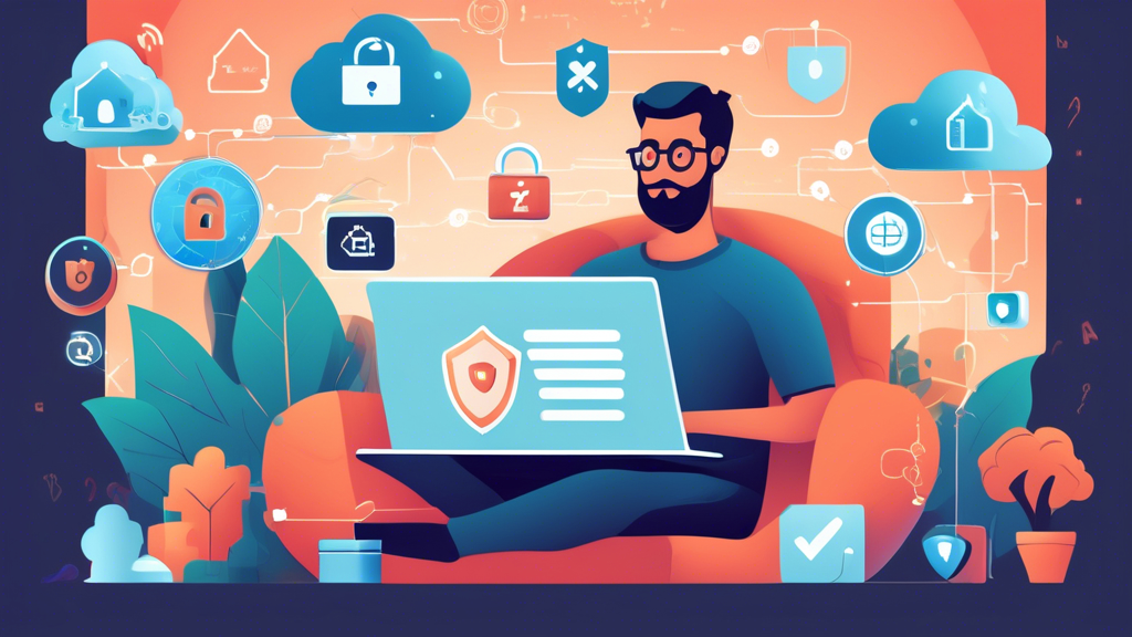 An illustration of a person using a laptop in a cozy home setting, surrounded by symbols of internet security such as a shield, padlock, VPN icon, and two-factor authentication prompts. The background features a digital landscape with subtle, secure connections and privacy icons, emphasizing the importance of online privacy protection.