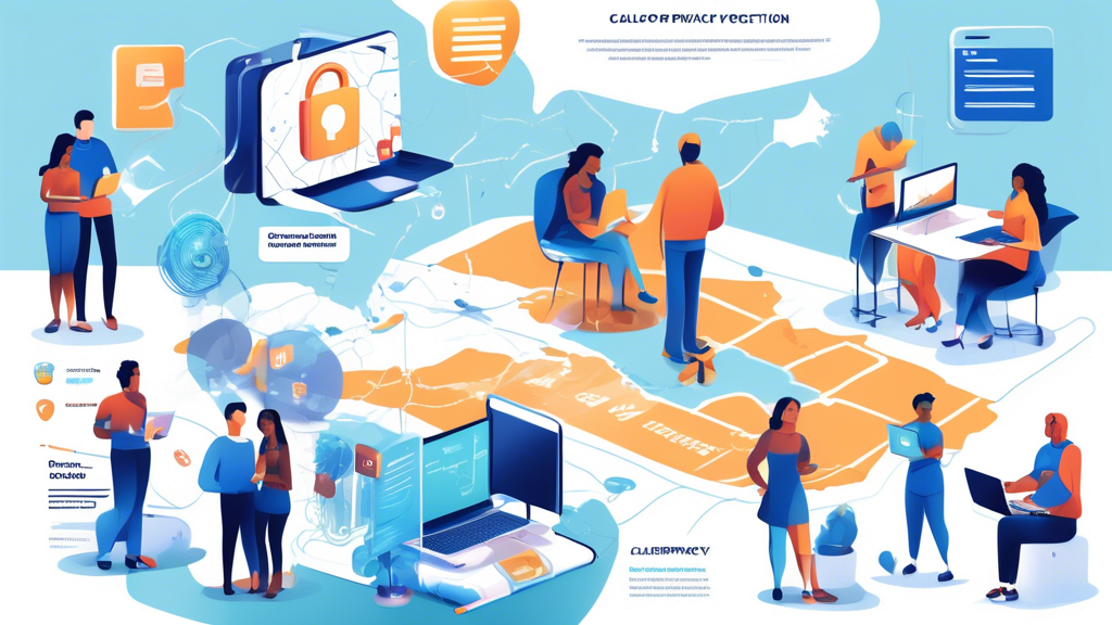 Create a detailed illustration depicting the concepts of California's Online Privacy Protection Act (CalOPPA). Include a diverse group of people using various devices like laptops and smartphones, with privacy screens and locks symbolizing data protection. In the background, show a digital map highlighting California with icons representing online security measures like secure browsers, encrypted data, and terms of service agreements. Incorporate text elements such as 'Data Privacy,' 'Security,' and 'User Rights' in a visually engaging manner.