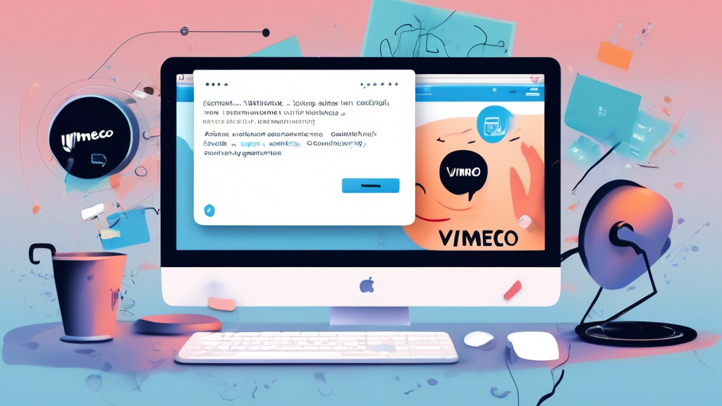 Create a modern digital illustration showing a computer screen with the Vimeo logo, presenting an Unauthorized error message. The scene should include a frustrated user scratching their head while sitting at a desk. On the desk, there should be a coffee cup, scattered notes, and a troubleshooting guide. In the background, include subtle visual hints of internet connectivity and passwords to emphasize the context of fixing authorization issues.