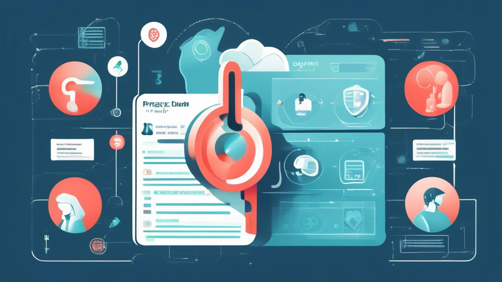 Create an illustration depicting key elements of an online privacy policy. Show icons and infographics representing data encryption, user consent, data collection, and user control over personal information. Use a clean, modern design with a balanced color palette to convey clarity and transparency.