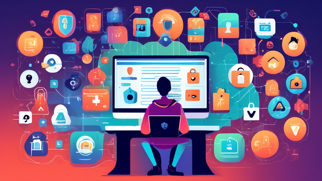 Create an image of a digital landscape featuring a person using a laptop, surrounded by icons representing privacy tools such as VPN, antivirus software, password managers, and two-factor authentication. The scene should be modern and sleek, with a secure padlock symbol in the background to emphasize privacy. Include elements like encrypted messages and secure browsing symbols to complete the composition.