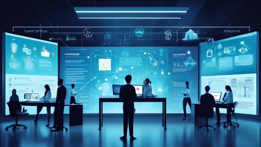 Create an image of a clean, professional office setting where a diverse group of people are working together on a large, interactive digital screen. The screen displays a detailed privacy policy document with various sections and icons representing data security, user privacy, and compliance. There are also symbols like padlocks and shields, emphasizing protection and confidentiality. The environment should feel modern and collaborative, reflecting a focus on creating an effective online privacy policy.