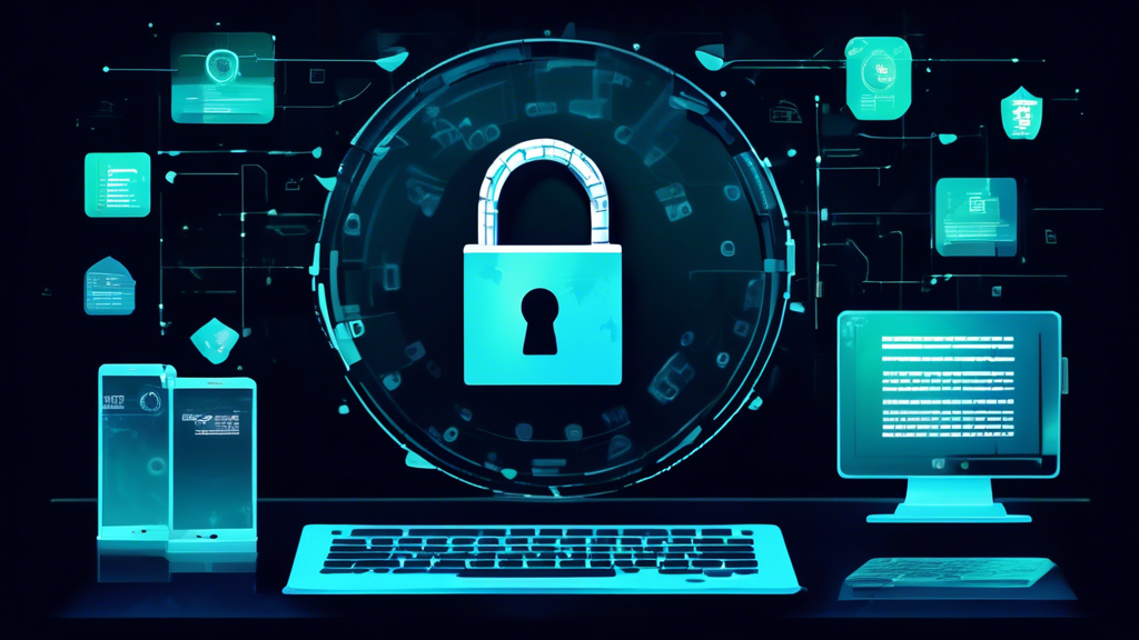 Create an image of a secure online financial transaction, illustrating elements such as an encrypted padlock, digital privacy shields, and a computer screen displaying financial data. The background should convey a sense of advanced technology and cybersecurity, using a dark, modern color scheme.