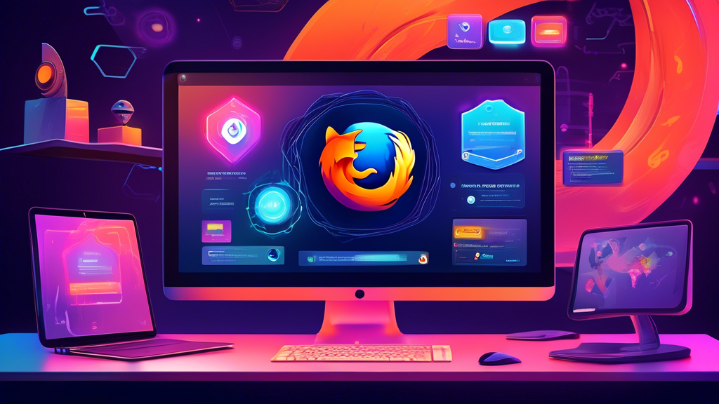 A detailed and colorful illustration of a Firefox browser window on a sleek computer screen, prominently featuring the Avast Online Security & Privacy extension. The window highlights online safety features such as phishing protection, secure search, and privacy shields. In the background, a high-tech, futuristic room with a cyber-secure atmosphere, glowing locks, and shields symbolizing maximum online safety.