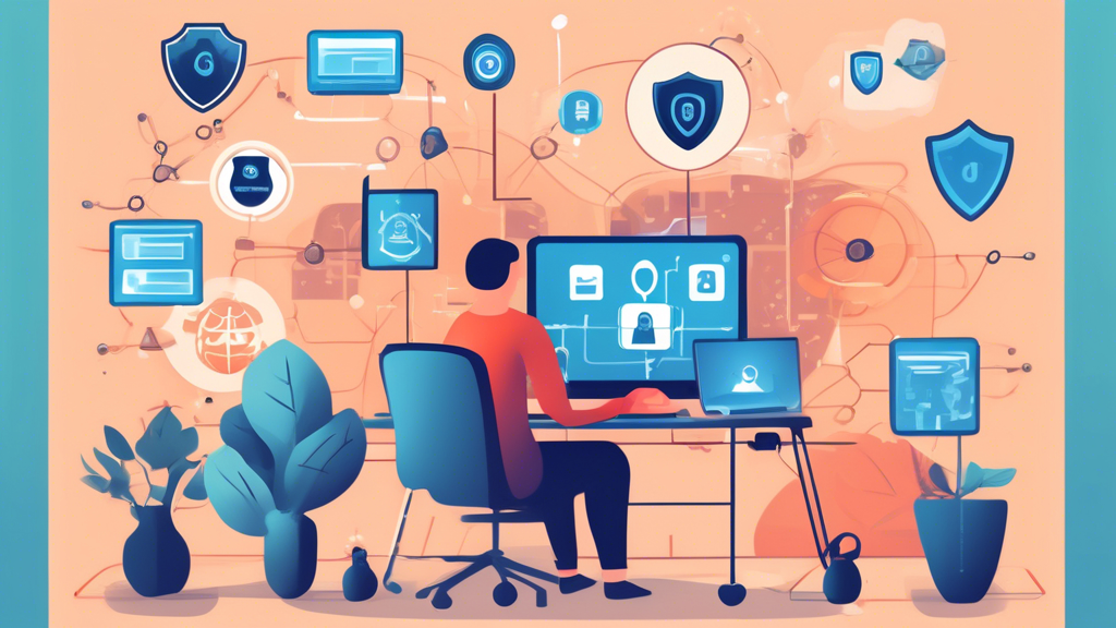 Create a detailed illustration of a person using a computer at home, surrounded by symbolic icons representing internet personal data privacy. These icons should include a secure lock, a shield, a VPN symbol, and two-factor authentication. The person should appear calm and vigilant, taking steps like covering the webcam and using a strong password. The background can subtly show the interconnected web of the internet highlighting the importance of data protection.