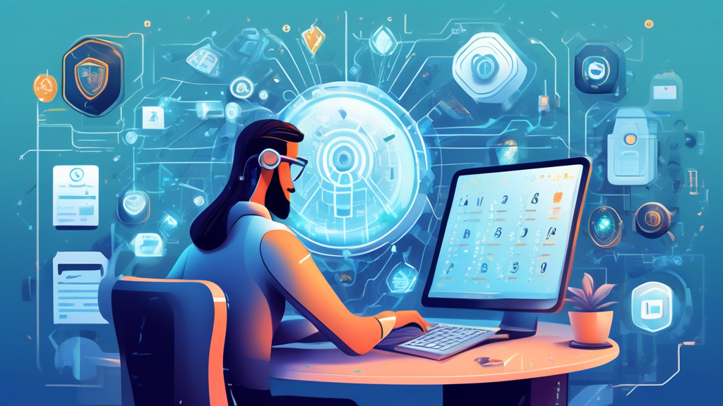 Create a digital illustration featuring a person using a futuristic computer, surrounded by various elements symbolizing internet privacy: padlocks, shields, fingerprint icons, and a VPN. Incorporate a serene home office environment with a clear 2023 calendar on the wall. The scene should feel secure and advanced, capturing the essence of the latest internet privacy practices.