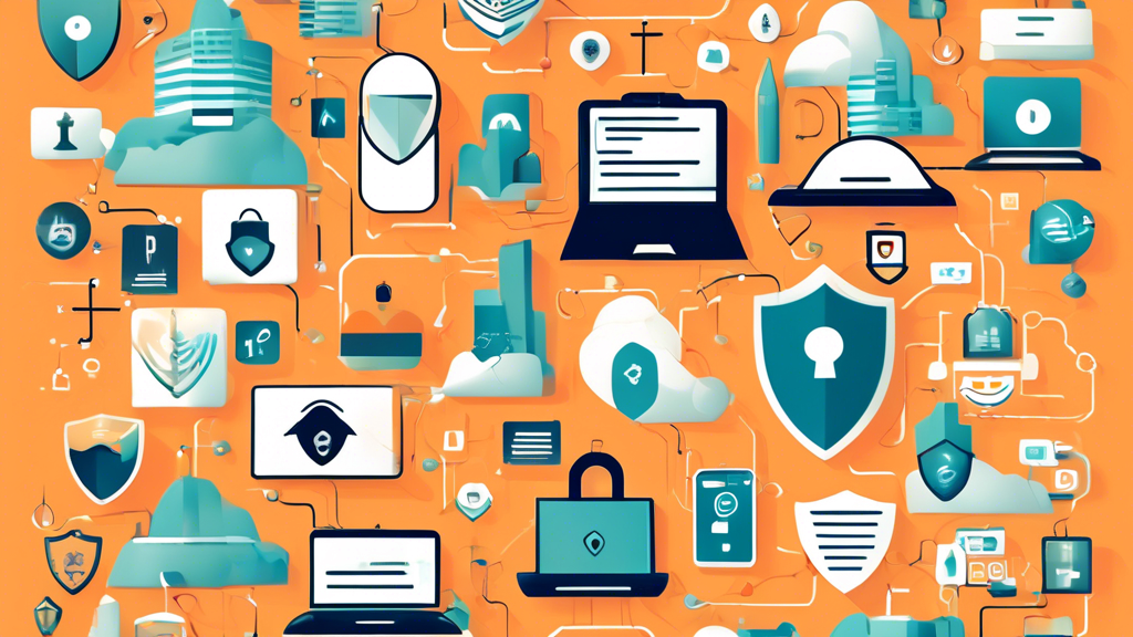 Create an image of a digital landscape featuring diverse security tools like VPNs, encrypted messaging apps, password managers, and antivirus software, all converging to protect a user's online presence. Include a shield with a lock symbol to represent ultimate internet privacy, and a modern, sleek aesthetic to appeal to tech-savvy individuals.