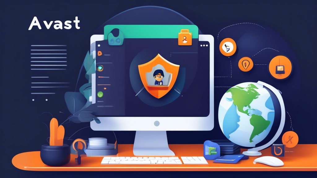 Create an image depicting a computer screen with the Avast logo prominently displayed. Surrounding the screen, include icons representing security features such as a shield, a padlock, an eye with a slash through it (indicating privacy), and a globe indicating online protection. A user sitting comfortably at the desk, looking secure and confident, adds a personal touch. The background should evoke a sense of security and privacy, with subtle digital patterns or elements to emphasize online safety.