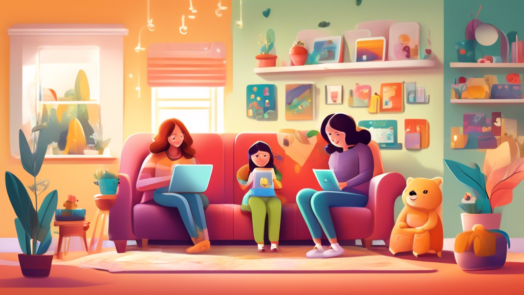 Create a colorful and engaging illustration depicting a cozy family setting where parents and children are happily exploring the internet together. Show them using tablets and laptops, surrounded by safe online features like parental controls and educational content. Incorporate visual elements that represent the benefits of COPPA (Children's Online Privacy Protection Act), such as privacy shields, friendly characters, and happy interactions. Make the atmosphere warm and inviting, emphasizing the positive aspects of online exploration in a safe environment.