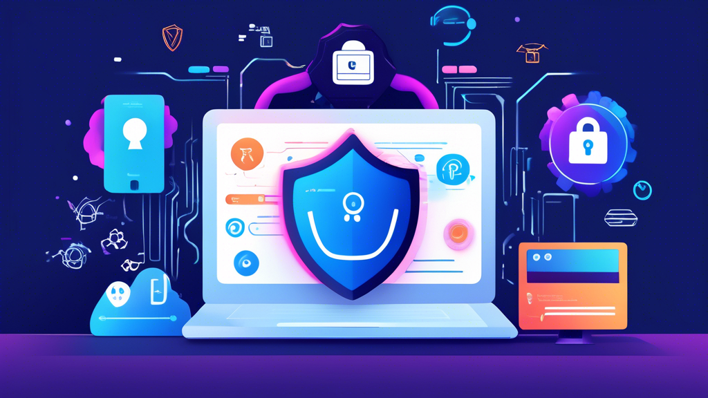 Create an image depicting various online privacy tools for 2023. Showcase a secure VPN, an encrypted chat app, an anonymous web browser, and a password manager, all with futuristic, high-tech aesthetics. Include icons or logos for each tool and integrate a sleek, modern design with elements like digital locks, shields, and data encryption symbols in the background. The overall color scheme should be a blend of blue and green to symbolize security and technology.