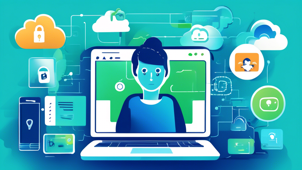 Create a digital illustration showcasing various strategies for online privacy. The image should include elements such as a laptop with a locked padlock on the screen, a person using a VPN, a smartphone with two-factor authentication, encrypted email symbols, social media settings with privacy toggles, and a secure cloud storage icon. Use a modern, clean design with a mix of blues and greens to convey a sense of security and trust.